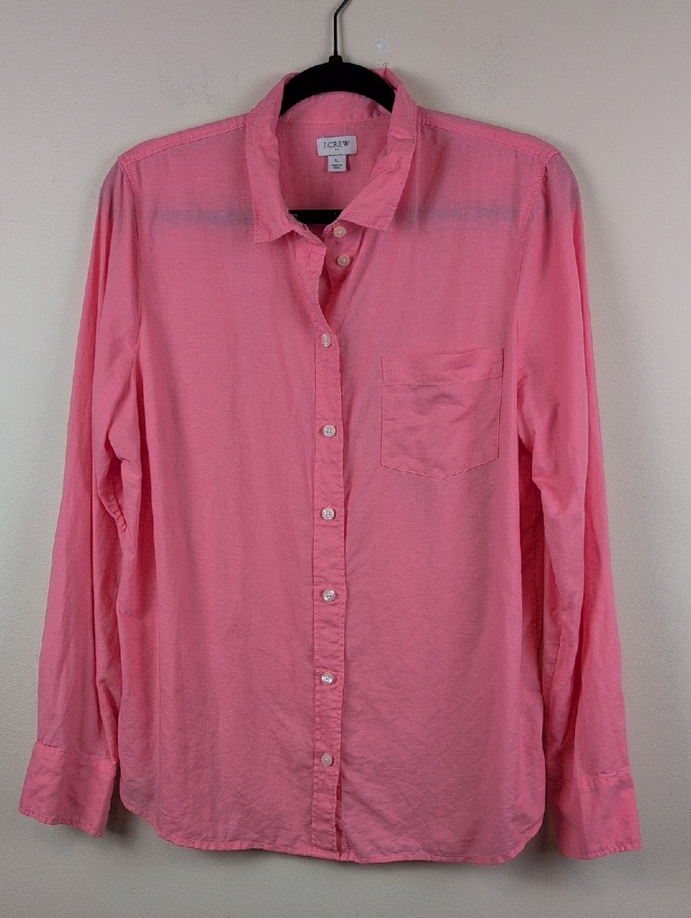 J. Crew Coral-Pink Button Front Long Sleeve Shirt Linen Cotton Top Size L